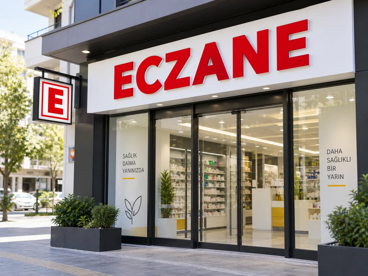 Beyaz zeminli kırmızı ECZANE yazısı ve eczane yön tabelası