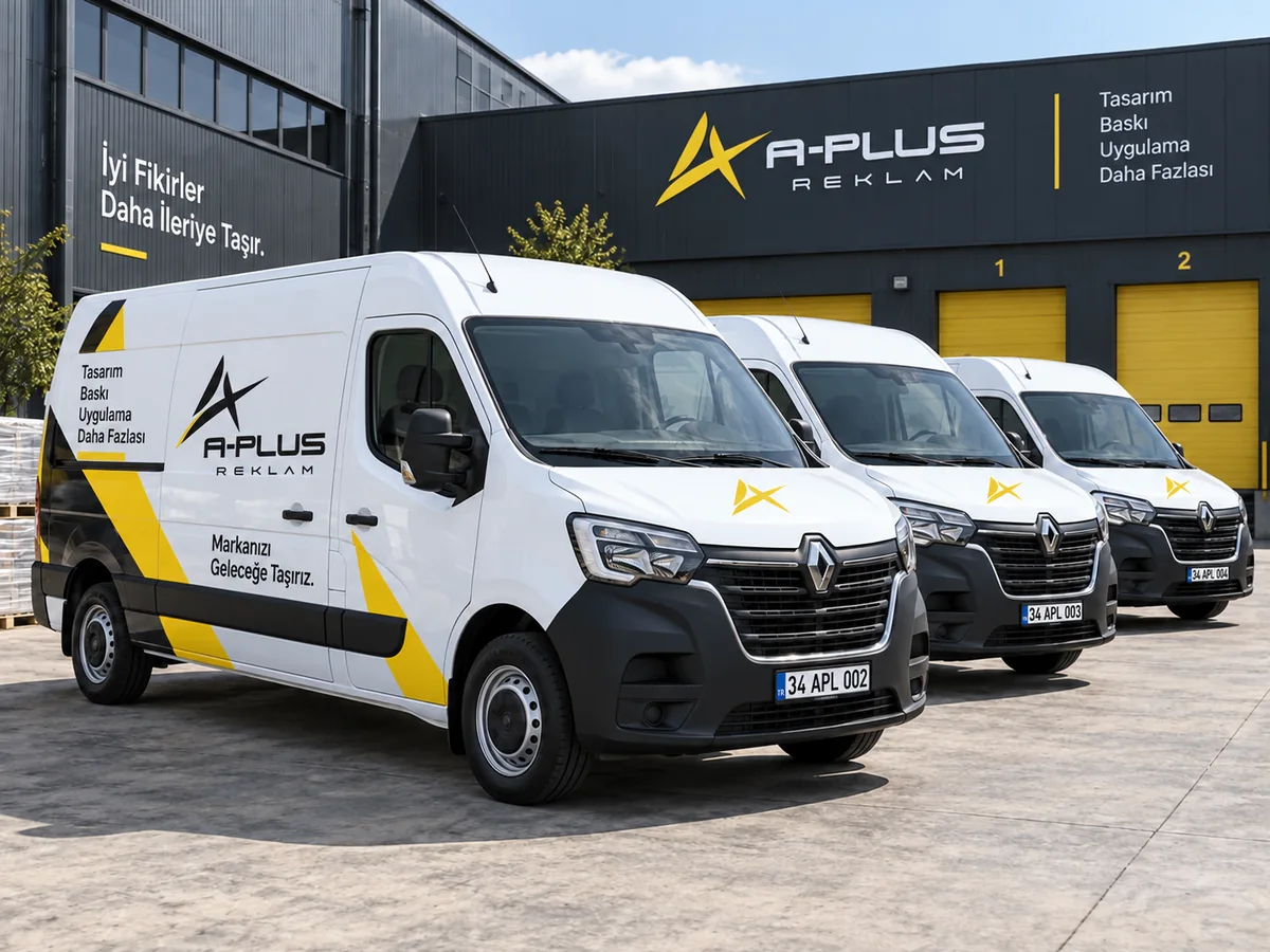 A-PLUS Reklam adı ve logosuyla giydirilmiş üç araçlık filo tasarım örneği