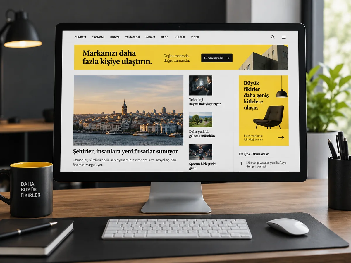 Web sayfasında yatay banner ve kare görüntülü reklam alanları
