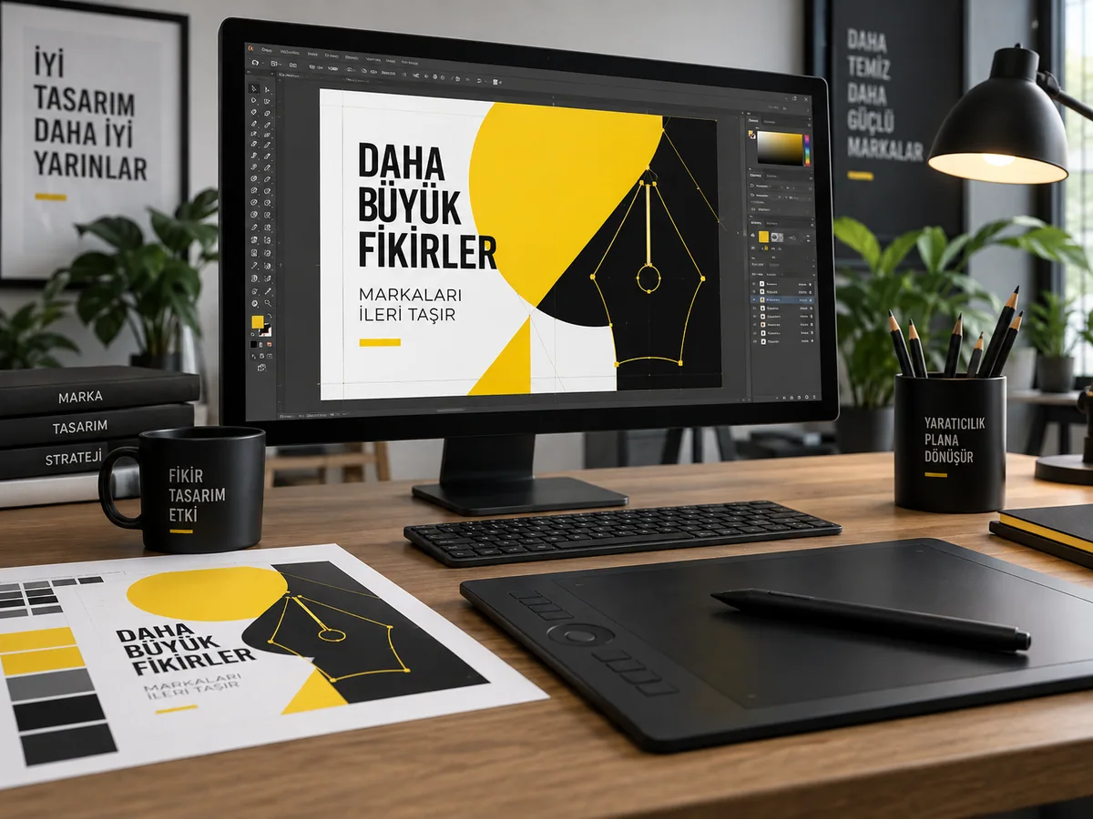 Vektörel afiş tasarımı, çizim tableti ve renk prova çalışması