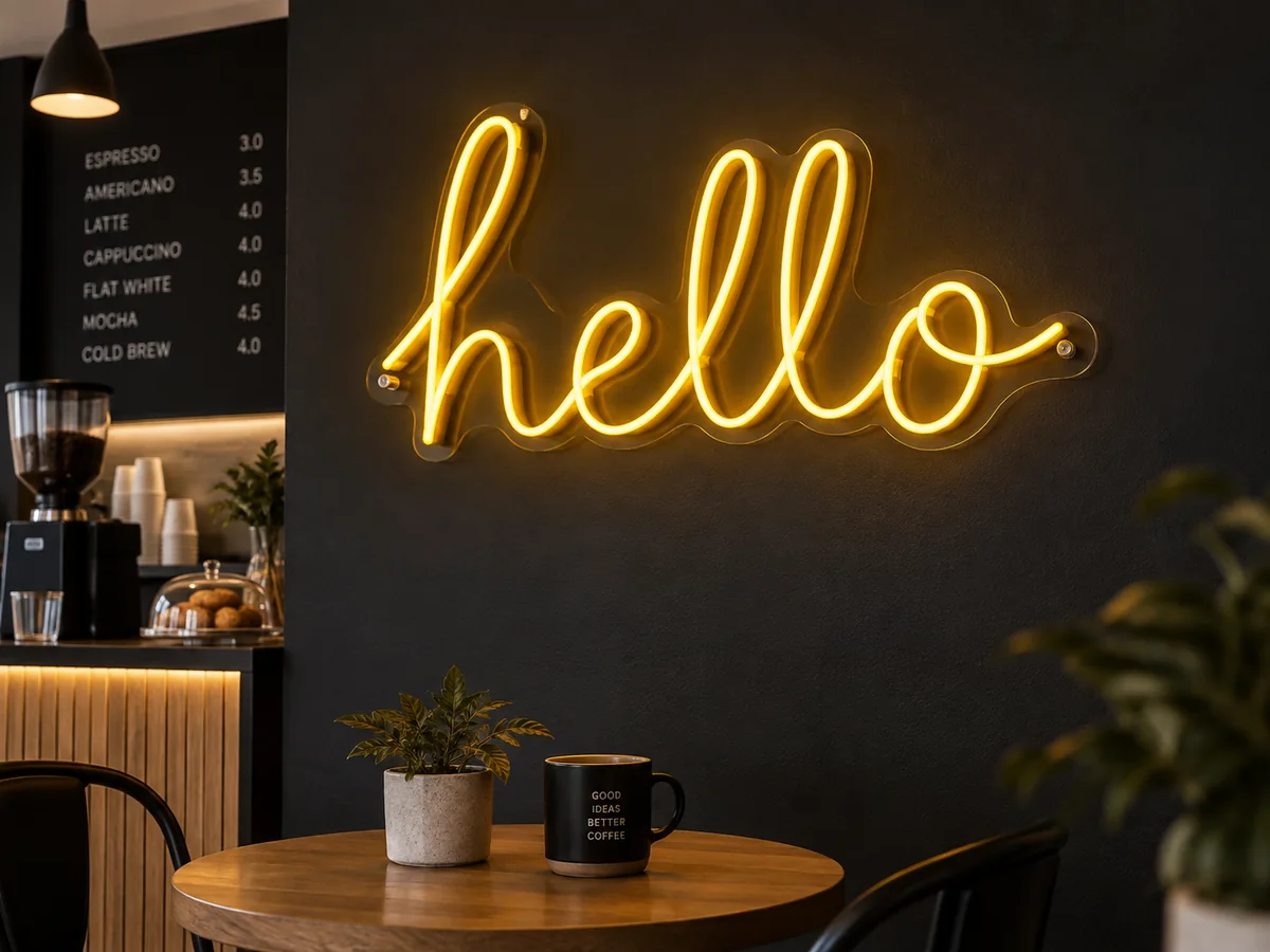 Kafe duvarında sarı LED neon yazı tasarım örneği