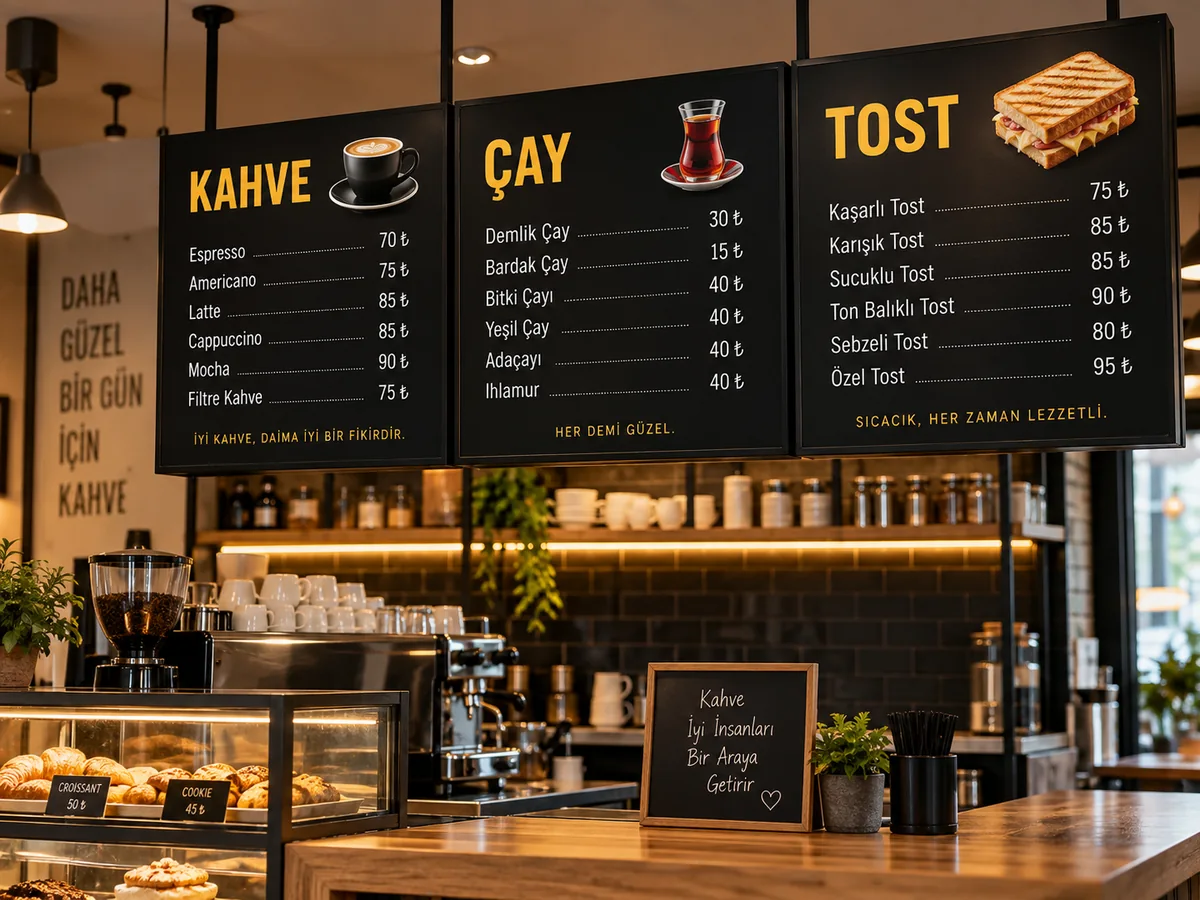 Kafe tezgâhı üzerinde ürün ve fiyat menü panoları