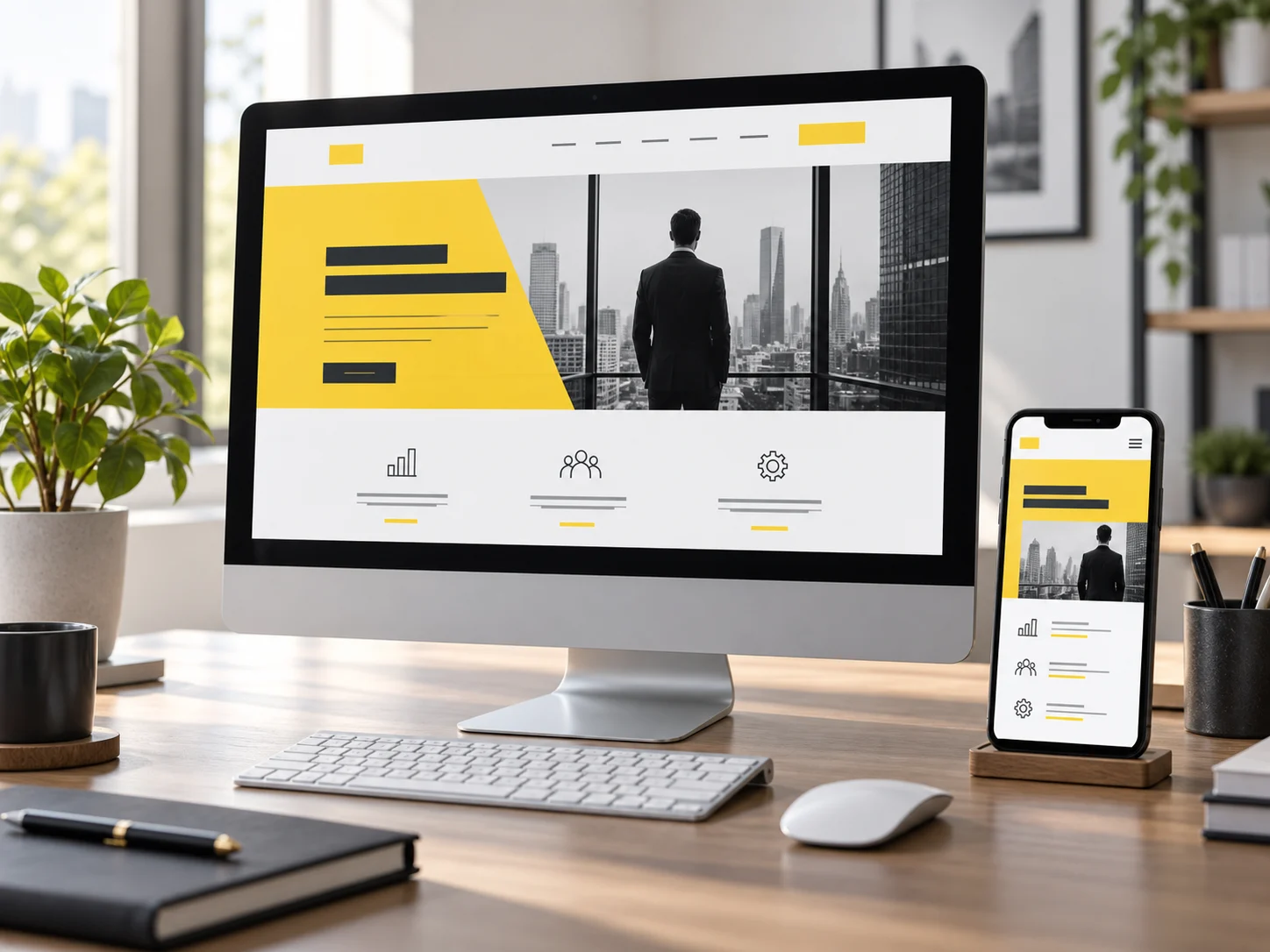 Masaüstü ekranı ve telefonda mobil uyumlu web sitesi tasarım örneği