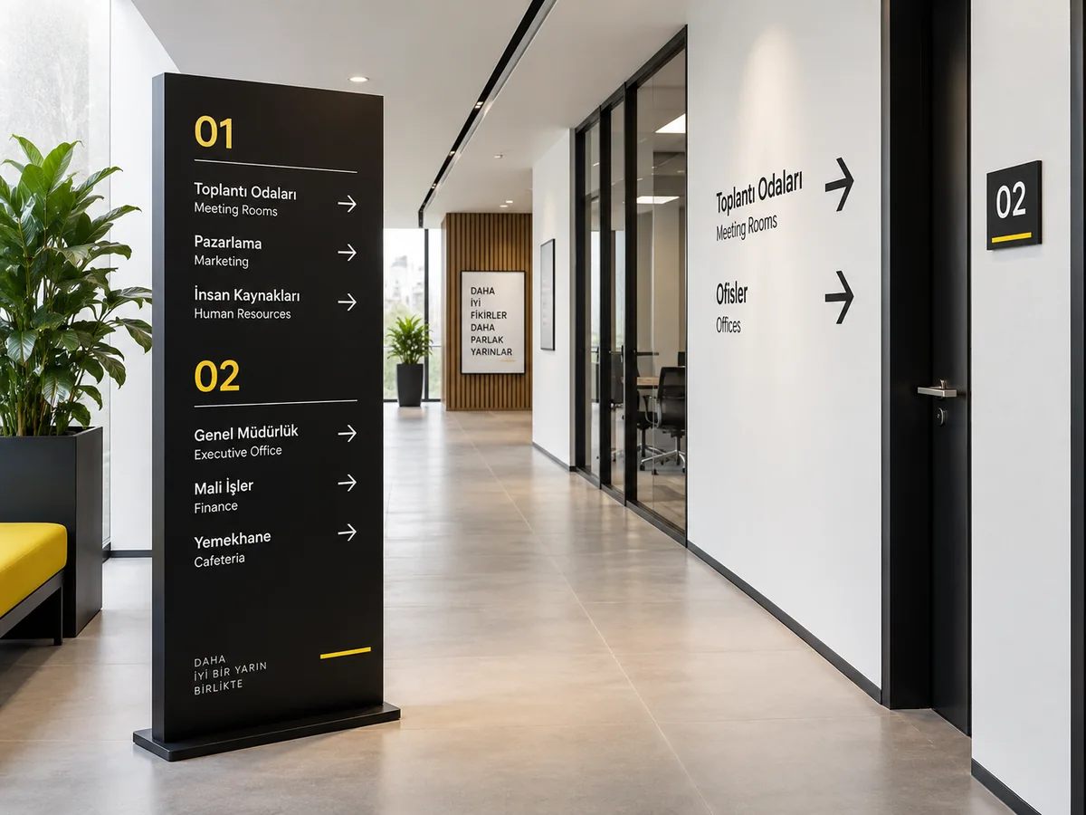 Ofis koridorunda yönlendirme ve kapı numarası tabelaları